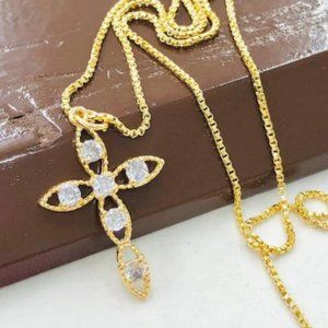 Women's CZ Cross Necklace Charm Pendant 27x18 in Gold Filled Box Link Chain 18"